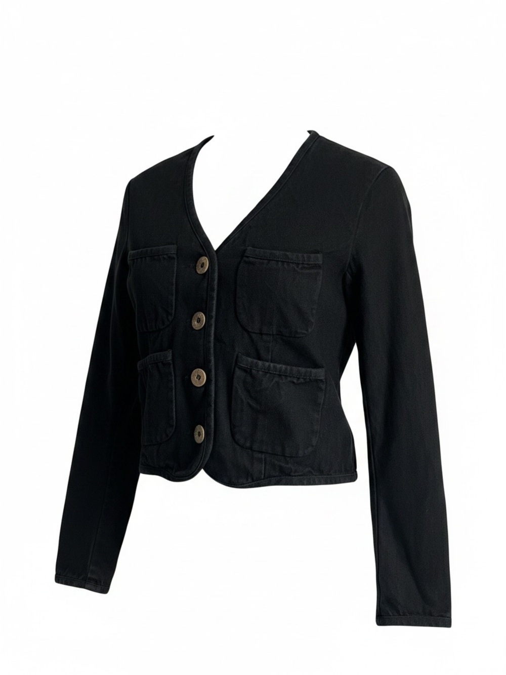 LOW CLASSIC Black V‑Neck Utility Pocket Blazer – 100% Cotton, Made in Korea
